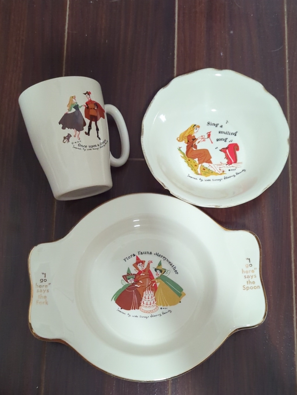 Vintage 1959 Disney Sleeping Beauty Child Dinnerware Set Georgian China 22K Gold